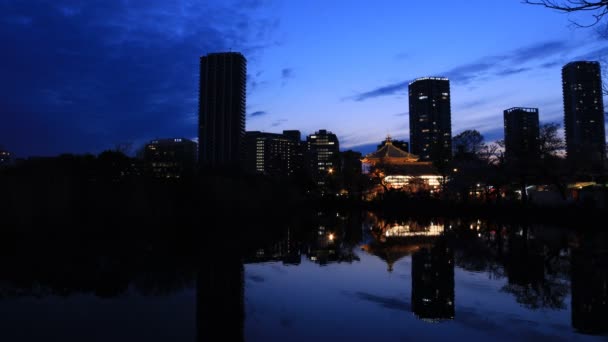 Solnedgång nära dammen vid den traditionella parken i Ueno Tokyo wide shot — Stockvideo