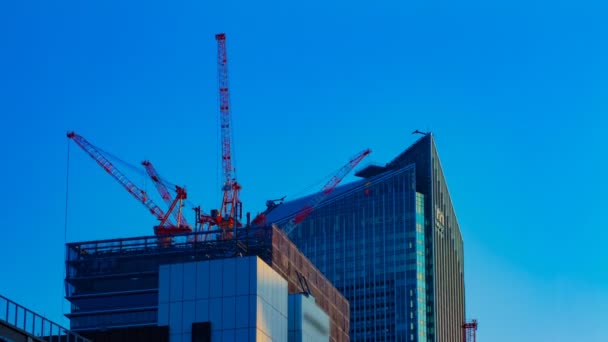 도쿄의 푸른 하늘 뒤에서 건설 중인 크레인의 타임랩스 — 비디오