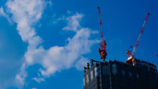 Μια χρονική διάρκεια των γερανών στην υπό κατασκευή πίσω από το γαλάζιο του ουρανού στο Τόκιο — Αρχείο Βίντεο