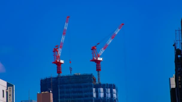 Tokyo'da mavi gökyüzünün arkasında yapım aşamasında vinçler bir timelapse — Stok video