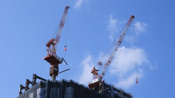 Grúas en movimiento en la construcción bajo el cielo azul en Tokio — Vídeos de Stock