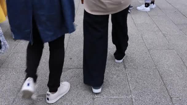 Lichaamsdelen van mensen wandelen op de geplaveide weg in Asakusa — Stockvideo