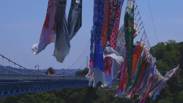 Serpentinas de carpa en Ryujin gran puente en Ibaraki soleado durante el día — Vídeos de Stock