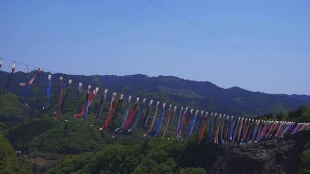Karpfenluftschlangen an der Ryujin großen Brücke in Ibaraki tagsüber sonnig — Stockvideo