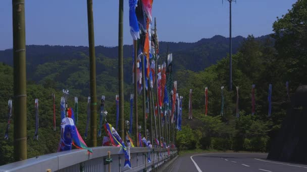 Riachos de carpa em Ryujin grande ponte em Ibaraki ensolarado durante o dia — Vídeo de Stock