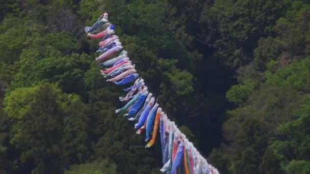 Karp streamers på Ryujin Big Bridge i Ibaraki dagtid Sunny — Stockvideo