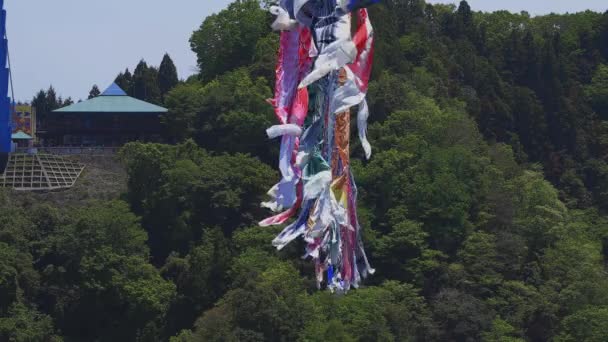 Serpentinas de carpa en Ryujin gran puente en Ibaraki soleado durante el día — Vídeo de stock