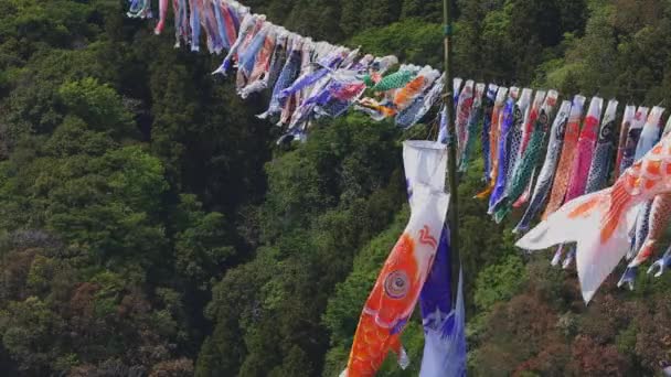 Carpe streamers à Ryujin grand pont à Ibaraki diurne ensoleillé — Video