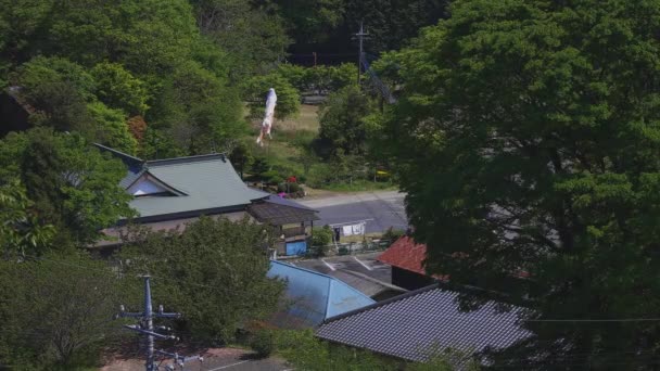 Karpfenluftschlangen an der Ryujin großen Brücke in Ibaraki tagsüber sonnig — Stockvideo