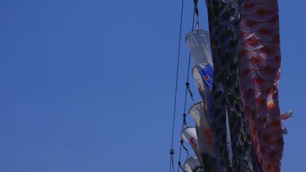 Carp streamers at Ryujin big bridge in Ibaraki daytime sunny — Stock Video