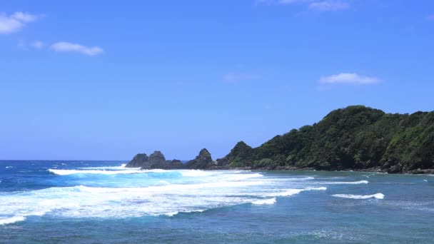Ο βράχος του κουτοτνά κοντά στον γαλάζιο ωκεανό στην Αμάμι Οσίμα — Αρχείο Βίντεο