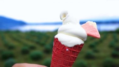 Bahçenin ve gölün arkasında elleri olan yumuşak bir dondurma.