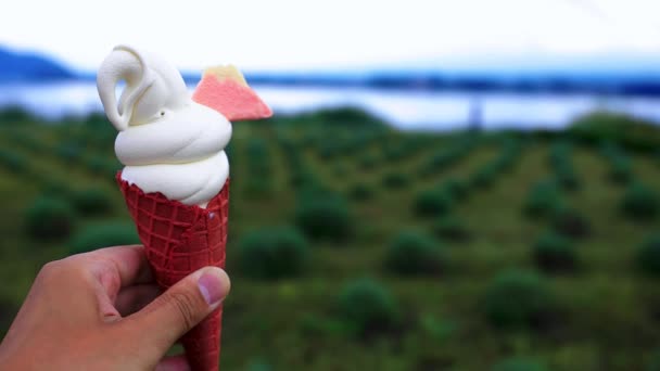 Ένα μαλακό παγωτό με το χέρι πίσω από τον κήπο και τη λίμνη — Αρχείο Βίντεο