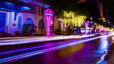 Ho Chi Minh 'de, Nguyen Hue caddesinde neon bir şehrin gece görüntüsü.