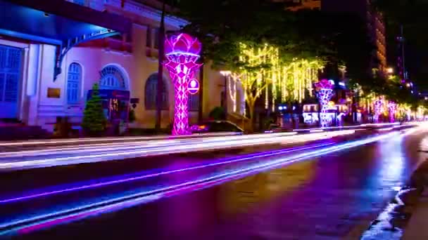 胡志明阮和街的霓虹灯镇夜幕低垂，枪林弹雨 — 图库视频影像
