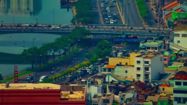 Ένα timelapse της κυκλοφορίας μαρμελάδα στην πολυσύχναστη πόλη στο Ho Chi Minh υψηλής γωνίας μακρινό σουτ panning — Αρχείο Βίντεο