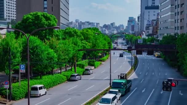 Временная съемка городской улицы на проспекте Ясукуни в Токио, дневной широкоформатный зум — стоковое видео