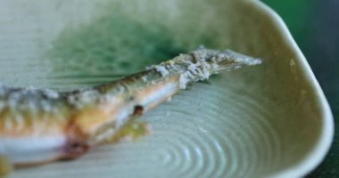 Öğle yemeğinde Japon yemeğinin üstünde ızgara tatlı balığı.