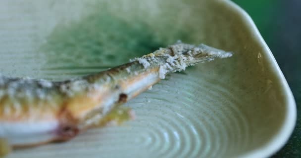 中午手拿着日本菜盘上烤着的甜鱼肉 — 图库视频影像