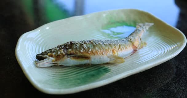 中午手拿着日本菜盘上烤着的甜鱼肉 — 图库视频影像