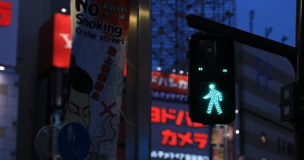 Een verkeerslicht veranderend blauw in rood bij de neon stad in Shinjuku 's nachts — Stockvideo