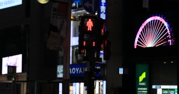 Un semaforo rosso alla città al neon di Shinjuku di notte palmare — Video Stock
