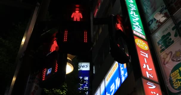 En trafik rött ljus vid neon staden i Shinjuku på natten handhållen — Stockvideo