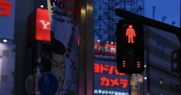 Un semaforo rosso alla città al neon di Shinjuku di notte — Video Stock