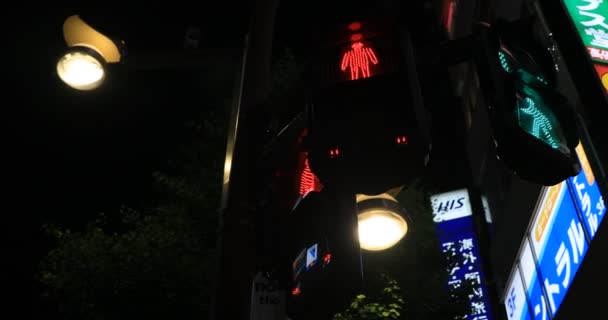 Een verkeerslicht veranderend rood in blauw in de neon stad in Shinjuku 's nachts handheld — Stockvideo