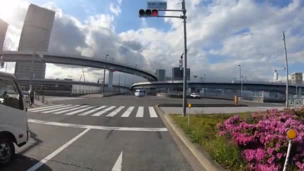 Een pov timelapse van het rijden stad landschap op Kachidoki avenue in Tokio — Stockvideo