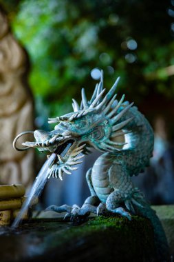 Tokyo 'daki Meguro Fudo Tapınağı' ndaki Chozuya 'da bir ejderha heykeli.