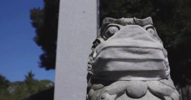 Tokyo 'daki Meguro Fudo Tapınağı' nda maske takan koruyucu köpek heykeli.