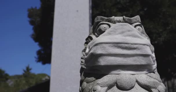 Uma estátua de cão Guardião usando máscara no templo Meguro Fudo em Tóquio handheld — Vídeo de Stock