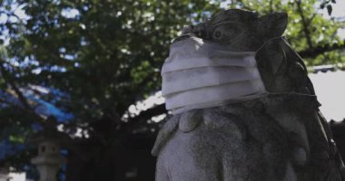 Tokyo 'daki Meguro Fudo Tapınağı' nda maskeli bir koruyucu köpek heykeli.