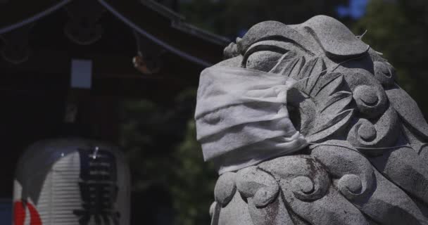 Tokyo 'daki Meguro Fudo Tapınağı' nda maskeli bir koruyucu köpek heykeli. — Stok video