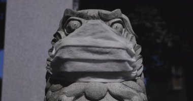 Tokyo 'daki Meguro Fudo Tapınağı' nda maskeli bir koruyucu köpek heykeli.