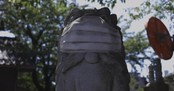 Uma estátua de cão Guardião usando máscara no templo Meguro Fudo em Tóquio closeup — Vídeo de Stock