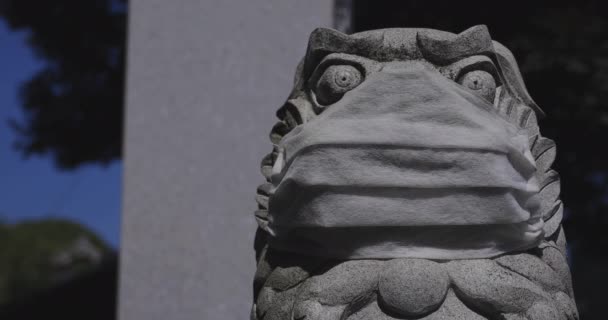 Tokyo 'daki Meguro Fudo Tapınağı' nda maskeli bir koruyucu köpek heykeli. — Stok video