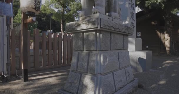 En staty av Guardian hund bär mask vid Meguro fudo tempel i Tokyo tilt — Stockvideo