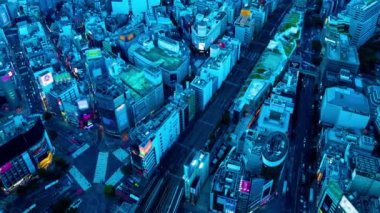 Shibuya bölgesindeki panoramik şehir manzarasının alacakaranlık zaman çizelgesi. Yüksek açılı geniş açılı çekim.