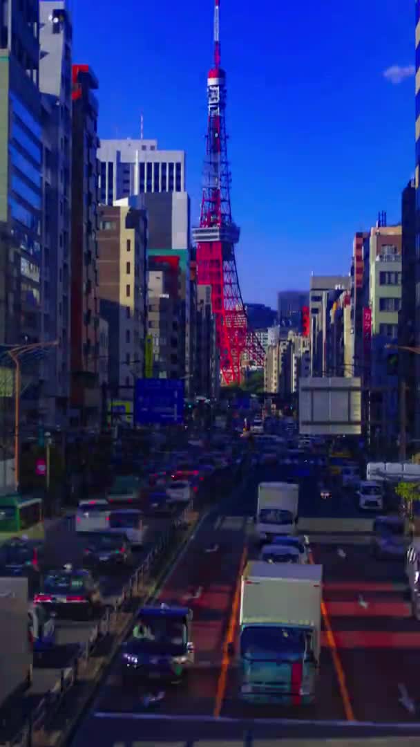 Строк руху на міській вулиці позаду вежі Токіо вертикальний схил. — стокове відео