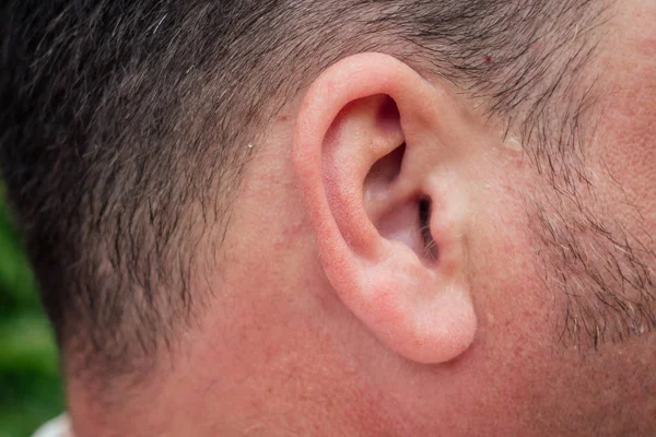 Orecchio di un uomo felice e allegro dai capelli scuri — Foto Stock