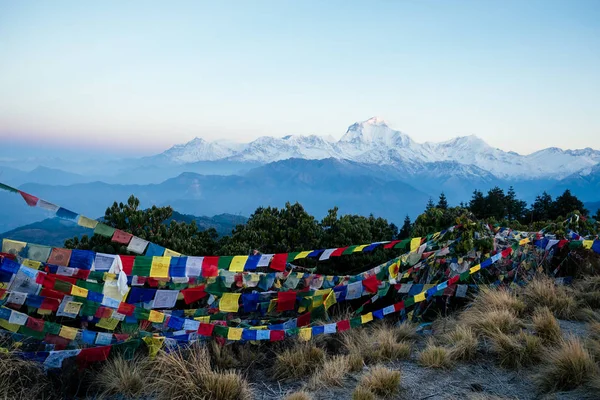 Himalaya dağlarının manzarası çok güzel. Karla kaplı dağ tepeleri ve çok renkli Tibet dua bayrakları. Dağlarda yürüyüş konsepti