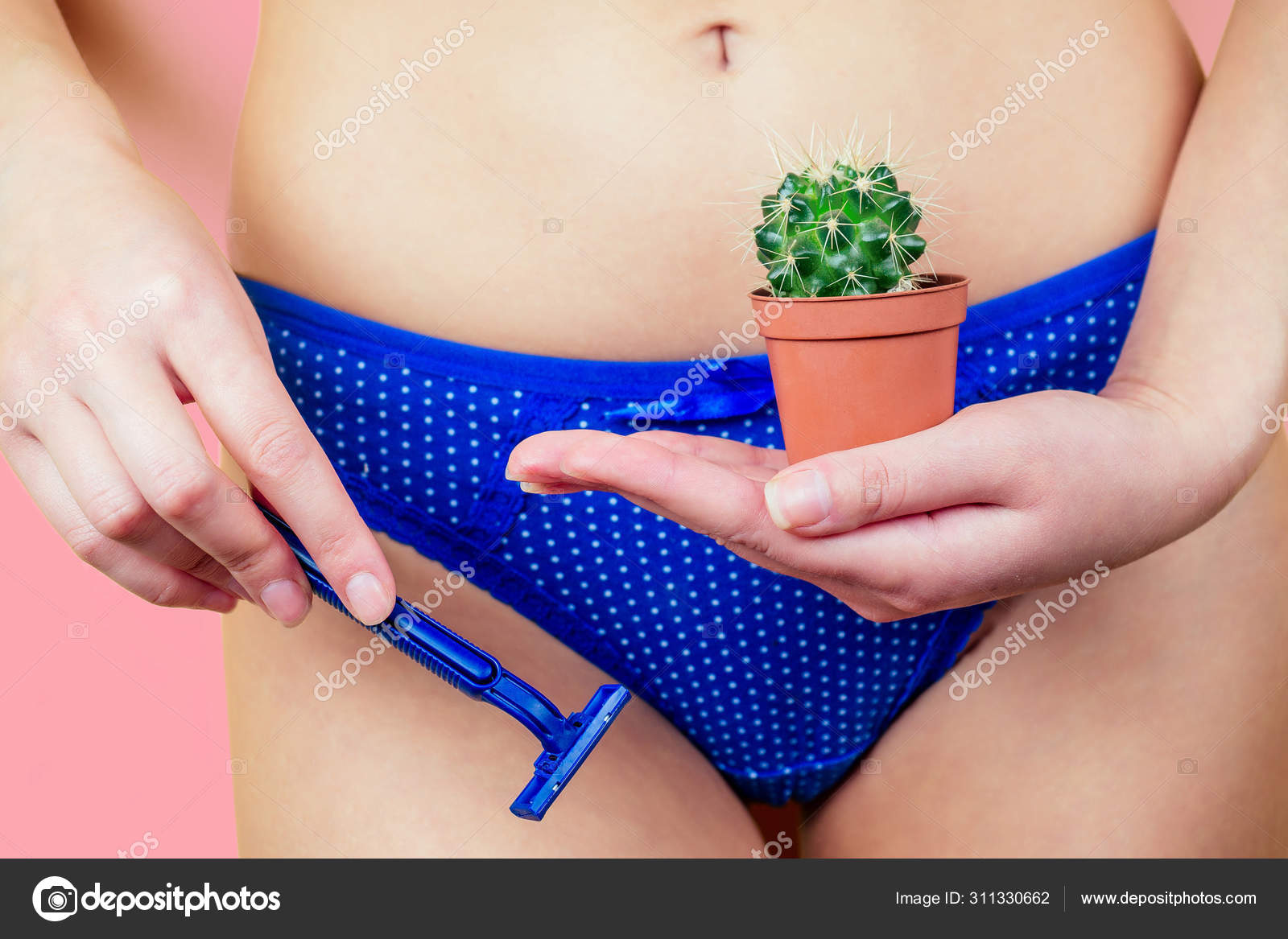 A woman in panties is holding a green cactus in a brown pot and a razor