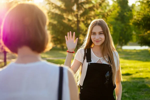 Two friendship best girlfriends student meeting in the park — Stock Photo, Image