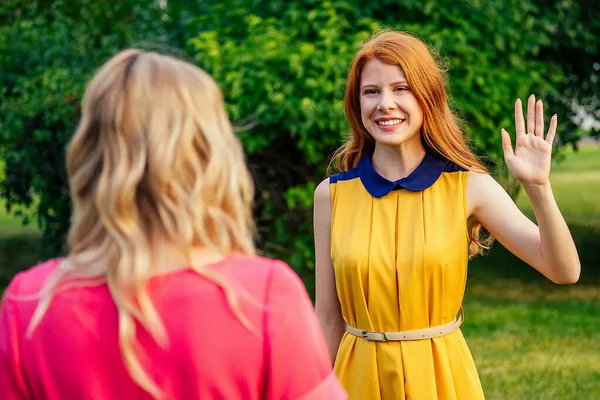two active cheerful girlfriends beautiful young ginger redhead irish girl in a yellow dress and european blonde woman in pink dress greetings each other in the summer park. meeting of two girlfriends