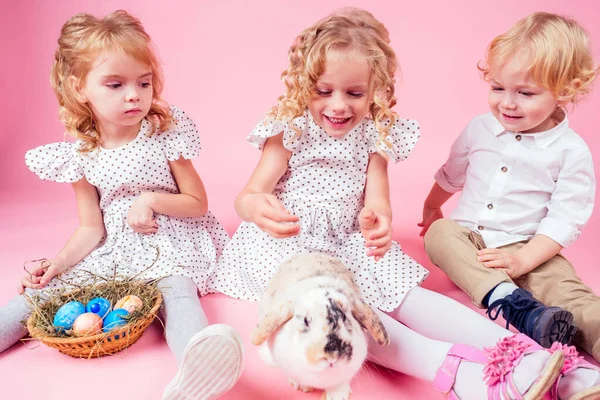 Três pequena criança loira com uma Páscoa coelho coelho no estúdio rosa background.beautiful menino e meninas crianças celebrando Páscoa Férias com animais de estimação, ovos pintados no presente de aniversário cesta de vime. — Fotografia de Stock