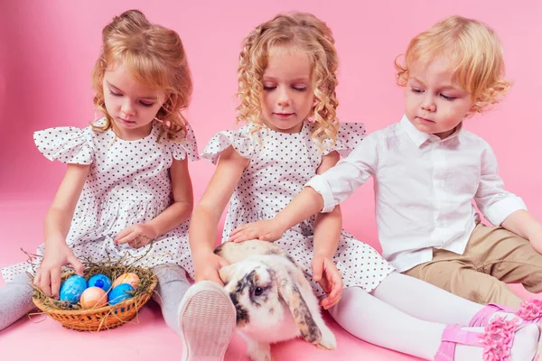 Három kis szőke gyermek egy nyuszi nyúl húsvéti stúdió rózsaszín háttér.gyönyörű fiú és lányok gyerekek ünnepli húsvéti ünnep háziállatok, festett tojás fonott kosárban.álom születésnapi ajándék — Stock Fotó