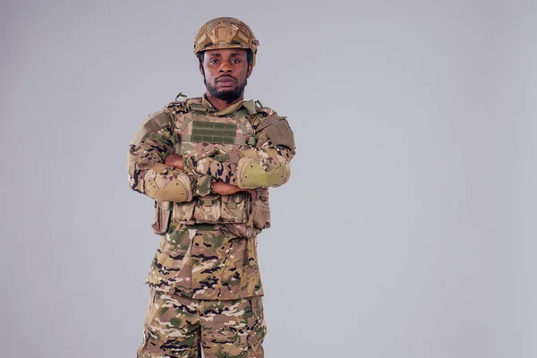 Military army african male camouflage suit sorrow white background studio — Stock Photo, Image
