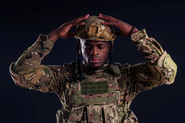 Afro american man in camouflage suit sorrow — Stock Photo, Image